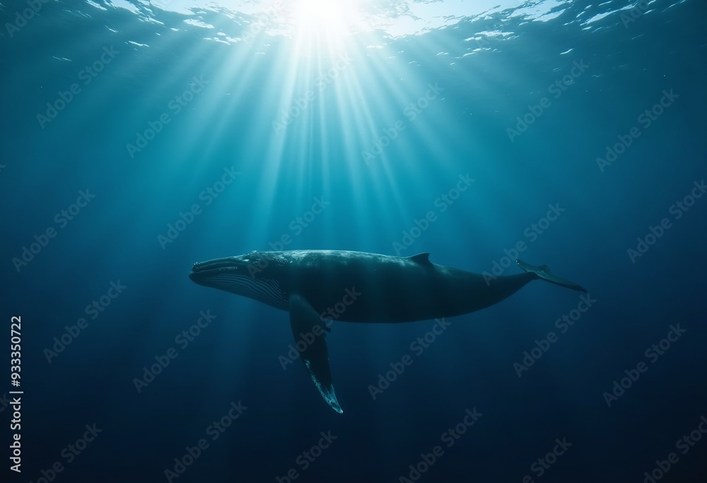 Fototapeta premium Stunning Underwater Whale Photography: Majestic Creature Gliding Through Sunlit Depths