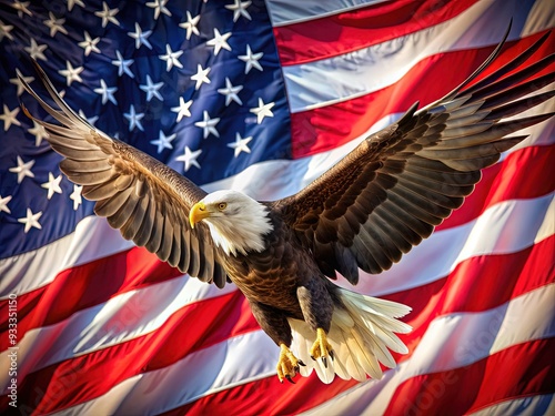 A majestic eagle soars against a vibrant American flag backdrop, its outstretched wings and sharp talons proudly symbolizing freedom and strength in a patriotic scene. photo