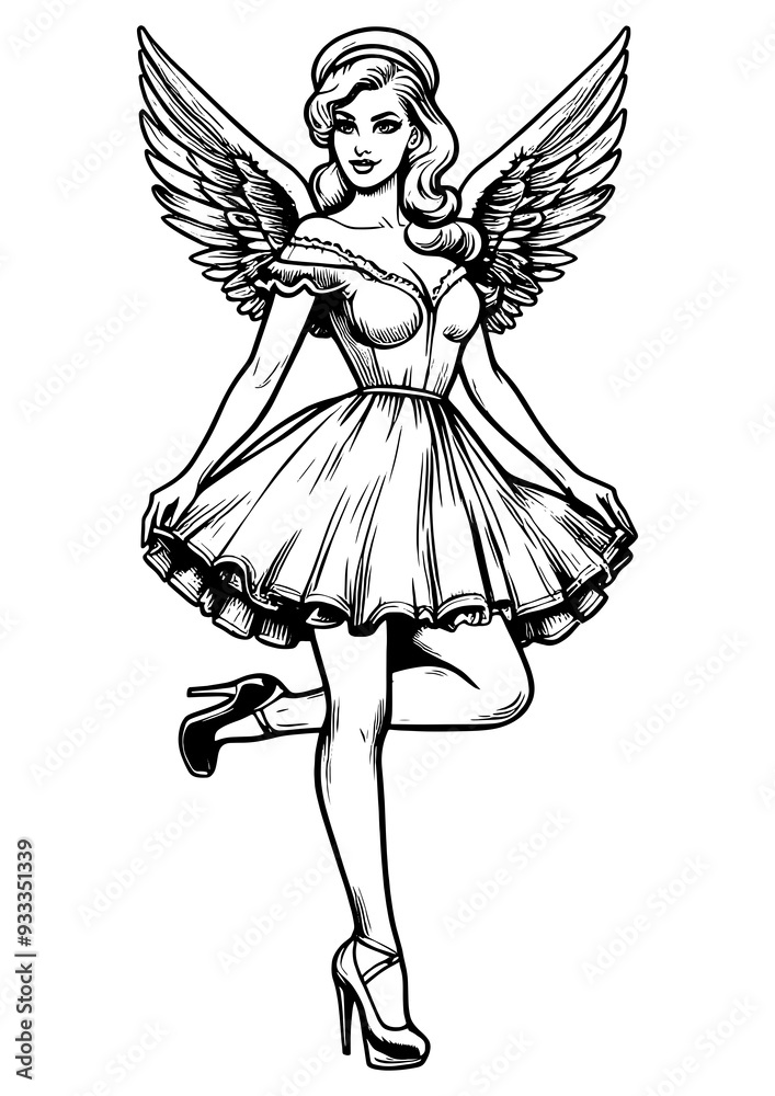 pin-up style angel sexy woman, featuring detailed wings and an elegant pose sketch engraving generative ai fictional character PNG illustration. Scratch board imitation. Black and white image. pin-up style angel sexy woman, featuring detailed wings and an elegant pose sketch engraving generative ai fictional character PNG illustration. Scratch board imitation. Black and white image.