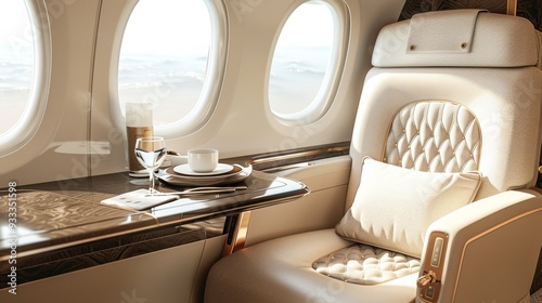 A white airplane seat with a glass of wine and a cup of coffee on a tray