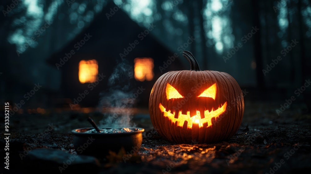 Malevolent Witch Pumpkin Stirring Cauldron in Dark Cabin - Halloween Spooky Scene with Copy Space, Selective Focus, Ultra HD Malevolent Witch Pumpkin Stirring Cauldron in Dark Cabin - Halloween Spooky Scene with Copy Space, Selective Focus, Ultra HD