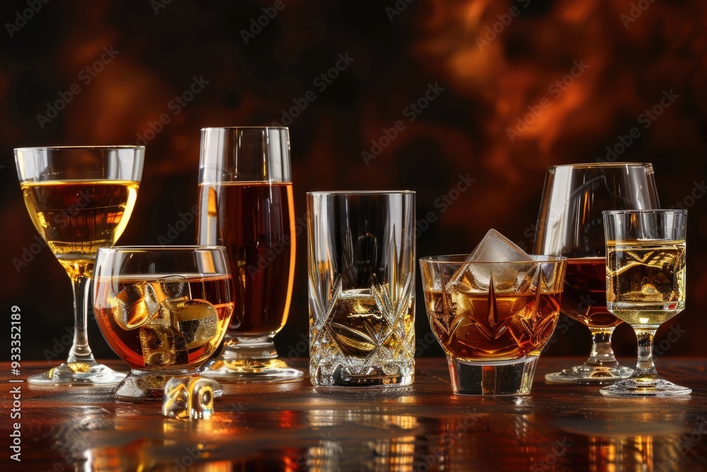 Group of glasses with various alcohols, perfect for party or bar scene Group of glasses with various alcohols, perfect for party or bar scene