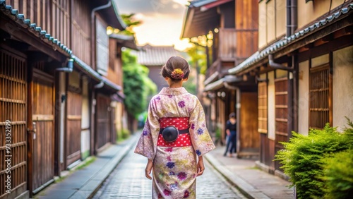 of a woman in a yukata and kimono walking away , Japanese, traditional clothing, ethnicity, cultural, robe, Japan, fashion