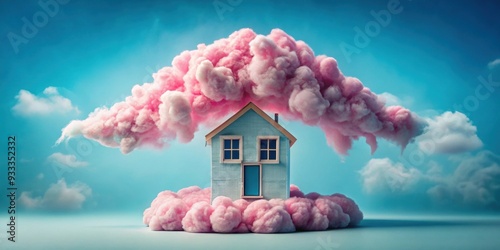 Fluffy house made out of cotton candy clouds , whimsical, dreamy, fantasy, surreal, sweet, imagination, magical, heavenly, pastel photo