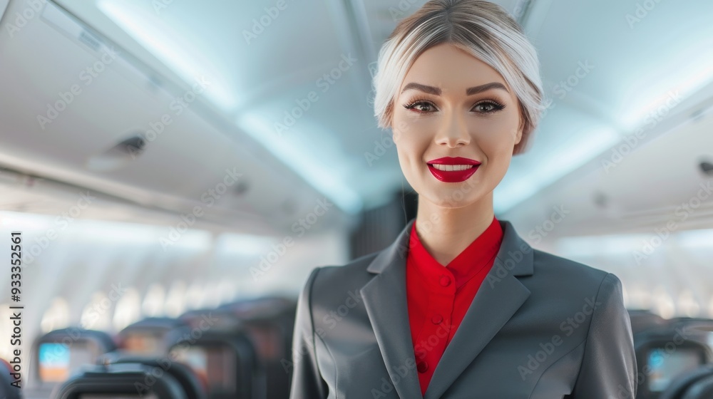 A woman in a red shirt and gray suit is smiling at the camera A woman in a red shirt and gray suit is smiling at the camera