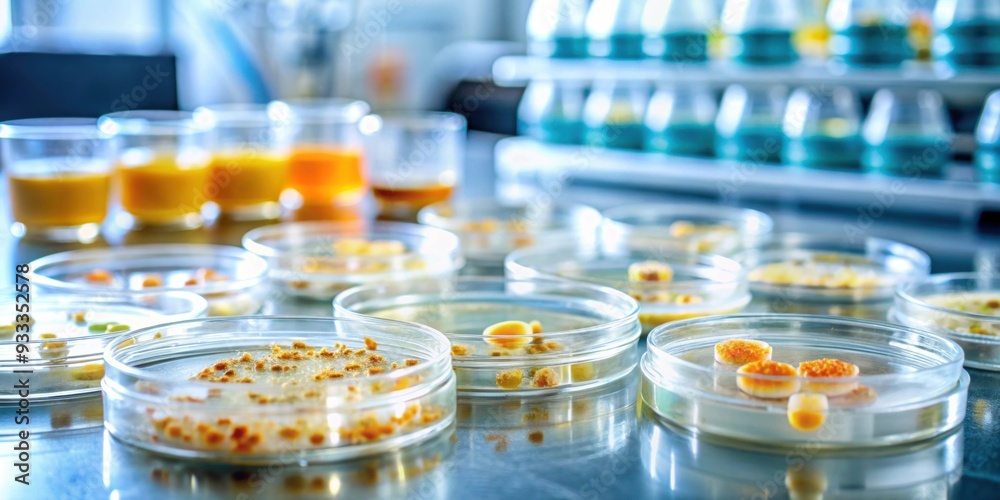 Close up of food enzymes under examination in sterile lab setting, petri dish, high tech, lab, enzymes Close up of food enzymes under examination in sterile lab setting, petri dish, high tech, lab, enzymes