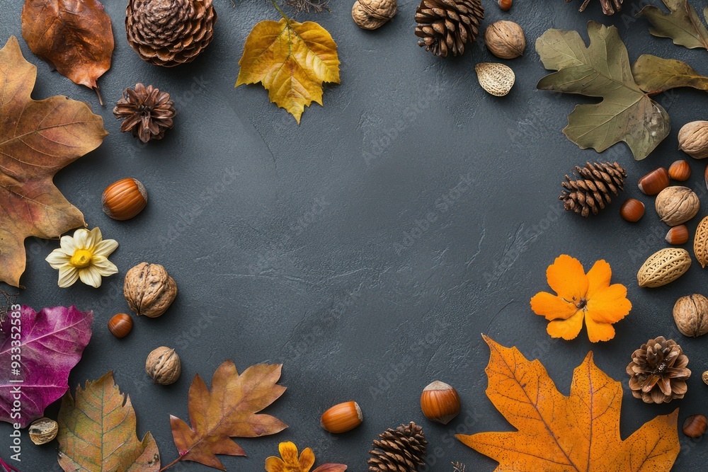 Autumnal Frame of Leaves, Nuts, and Pine Cones on a Gray Background Autumnal Frame of Leaves, Nuts, and Pine Cones on a Gray Background