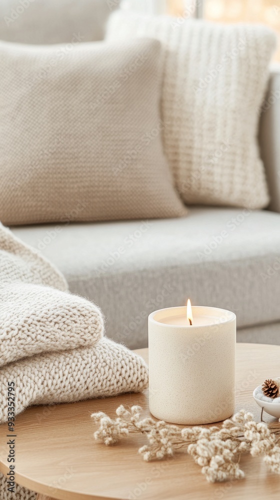 Cozy winter living room with scented candle and pinecone decorations Cozy winter living room with scented candle and pinecone decorations
