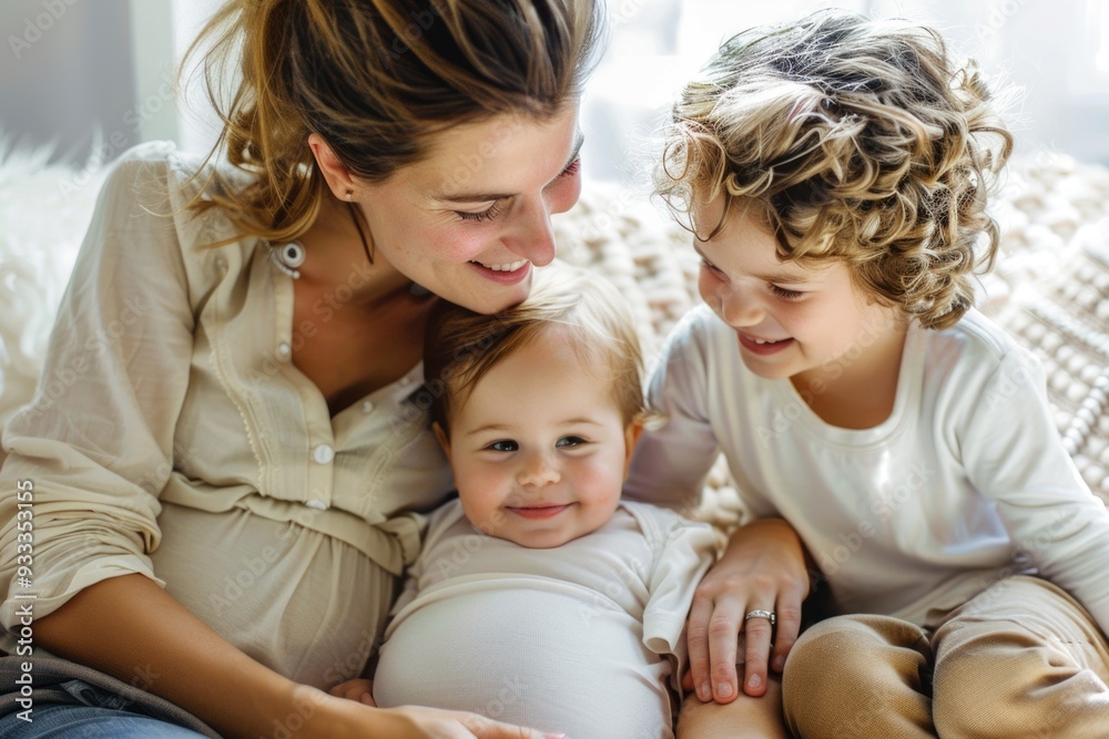 A mother and her two young children sitting together on a bed, possibly in a cozy moment at home A mother and her two young children sitting together on a bed, possibly in a cozy moment at home
