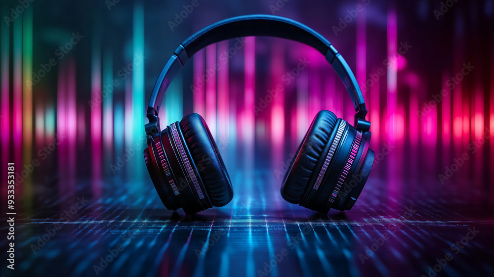 Close-up of modern headphones with dynamic, multi-colored sound waves radiating outward, representing immersive audio experiences Close-up of modern headphones with dynamic, multi-colored sound waves radiating outward, representing immersive audio experiences