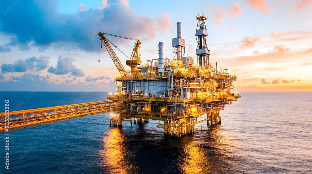 A large oil rig is floating in the ocean. The sky is cloudy and the sun is setting A large oil rig is floating in the ocean. The sky is cloudy and the sun is setting