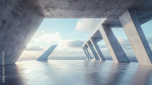 Modern concrete structure with a view of the city skyline.