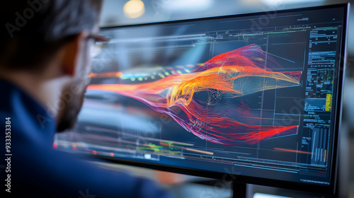  an aerospace engineer designing a supersonic aircraft wing, computational fluid dynamics simulation on screen photo