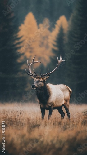 Majestic elk standing in a misty forest during autumn morning light