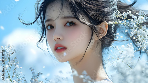 A young woman with long bla...
