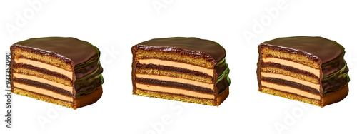 Dobos Torte, each with thin layers of sponge cake, rich chocolate buttercream, and a shiny caramel top layer photo