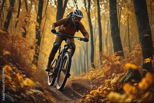 Mountain Biker in Autumn Forest