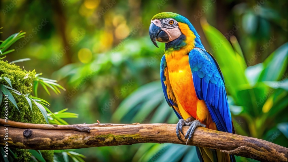 Vibrant blue and yellow macaw on a tree branch in the Amazon rainforest, macaw, parrot, bird, wildlife, colorful Vibrant blue and yellow macaw on a tree branch in the Amazon rainforest, macaw, parrot, bird, wildlife, colorful