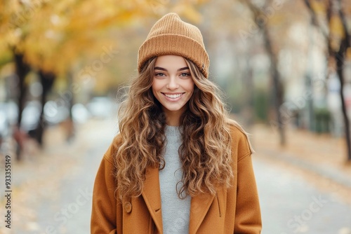 Young woman with curly hair smiles amid autumn leaves in a city park