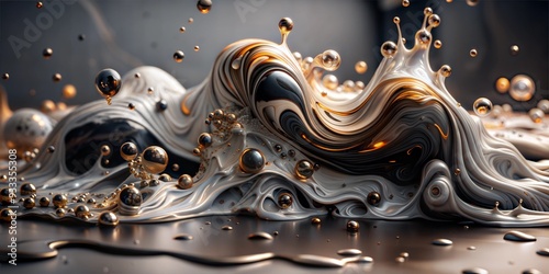 Liquid paint splashes on black background. 3d rendering, 3d illustration