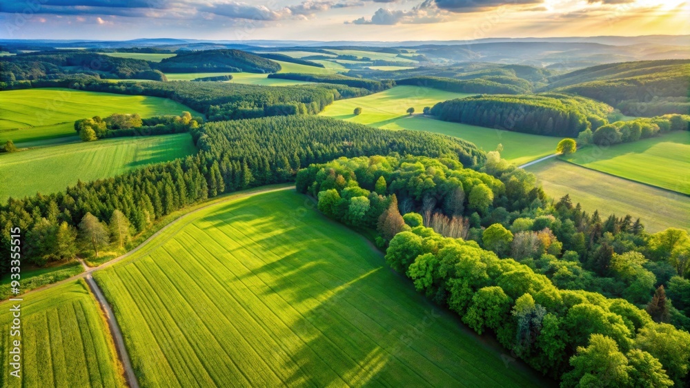 Fototapeta premium Green forest and field in rural Germany, captured from above in summer , Aerial photography, Top down view, Nature