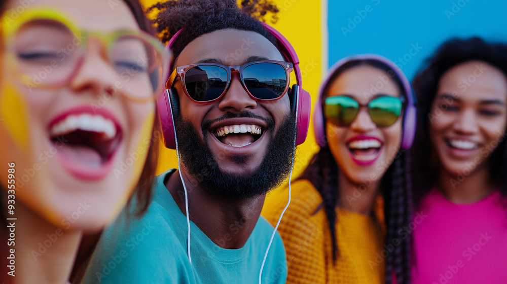 A group of friends from different cultural backgrounds, all wearing headphones and smiling brightly, with a vibrant, color-filled background that symbolizes the joy of music and un A group of friends from different cultural backgrounds, all wearing headphones and smiling brightly, with a vibrant, color-filled background that symbolizes the joy of music and un