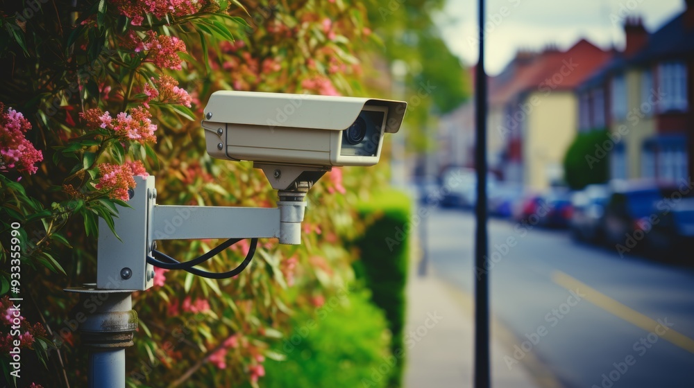 Modern home security camera with advanced technology vigilantly monitoring surroundings Modern home security camera with advanced technology vigilantly monitoring surroundings