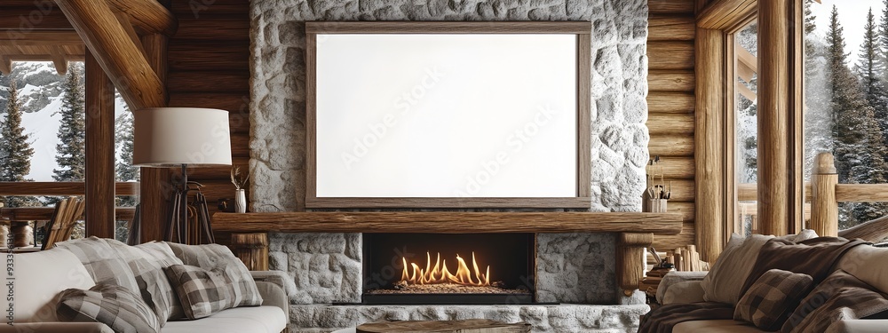 Cozy and Inviting Mountain Cabin Living Room Setting with Rustic Stone Fireplace,Warm Wooden Accents,and Scenic Window Views Cozy and Inviting Mountain Cabin Living Room Setting with Rustic Stone Fireplace,Warm Wooden Accents,and Scenic Window Views