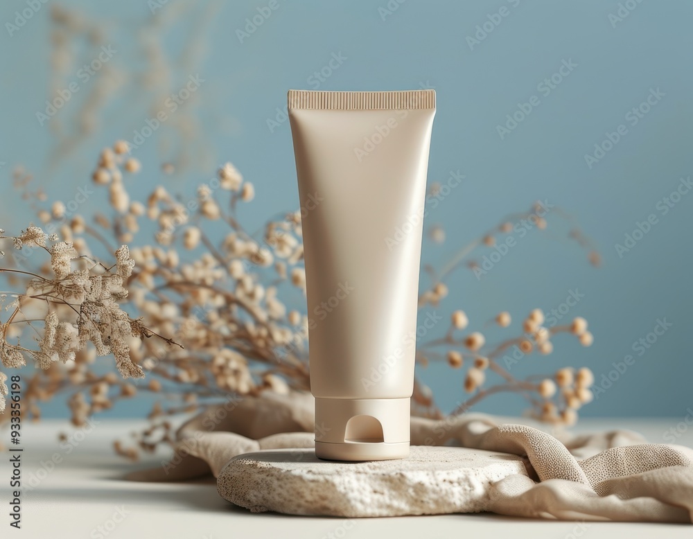 Natural skincare tube, minimalist design on a textured stone, surrounded by delicate dried flowers and soft fabric, evoking a serene and aesthetic beauty scene Natural skincare tube, minimalist design on a textured stone, surrounded by delicate dried flowers and soft fabric, evoking a serene and aesthetic beauty scene