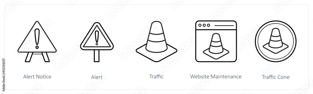 A set of 5 under maintenance icons such as alert notice, alert, warning A set of 5 under maintenance icons such as alert notice, alert, warning