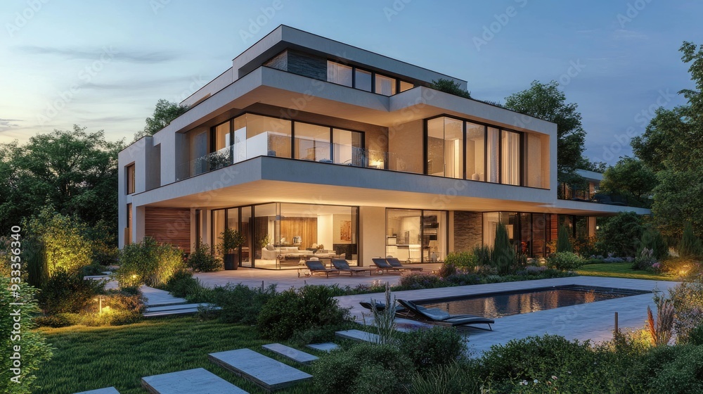 Modern house with a swimming pool and a lush garden at dusk. Modern house with a swimming pool and a lush garden at dusk.