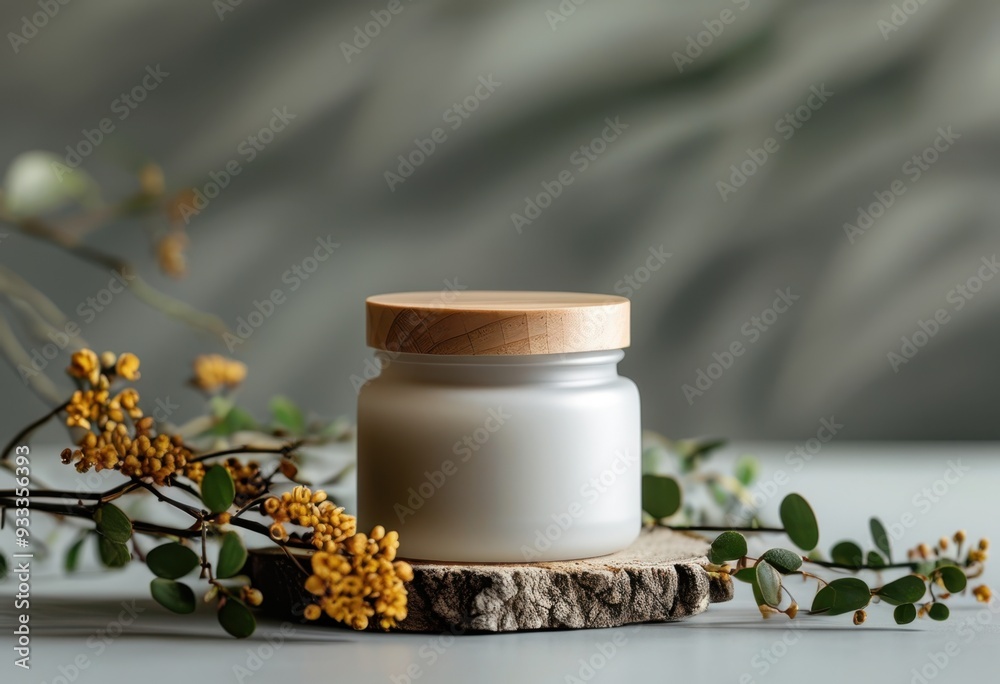 Elegant candle jar on natural wood slice, surrounded by yellow blooms and green leaves, minimalist design enhancing serene ambiance and organic touch. Elegant candle jar on natural wood slice, surrounded by yellow blooms and green leaves, minimalist design enhancing serene ambiance and organic touch.