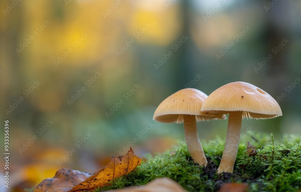 Two mushrooms growing on moss in a forest during autumn morning light Two mushrooms growing on moss in a forest during autumn morning light
