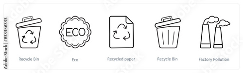 A set of 5 weather icons such as recycle bin, eco