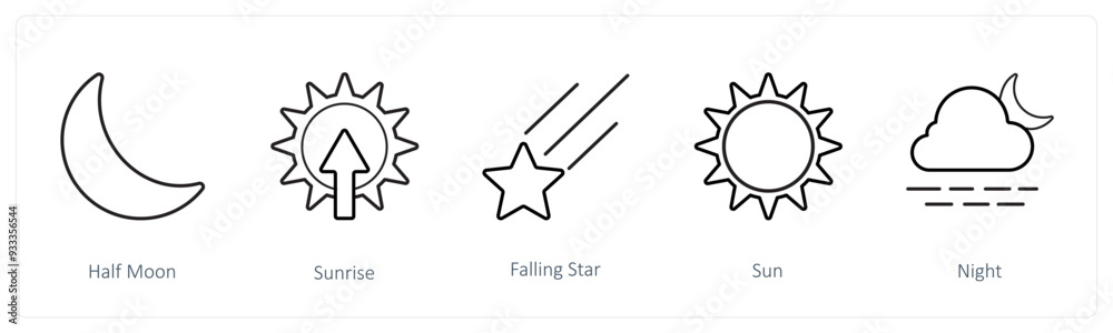 A set of 5 weather icons such as half moon, sunrise A set of 5 weather icons such as half moon, sunrise