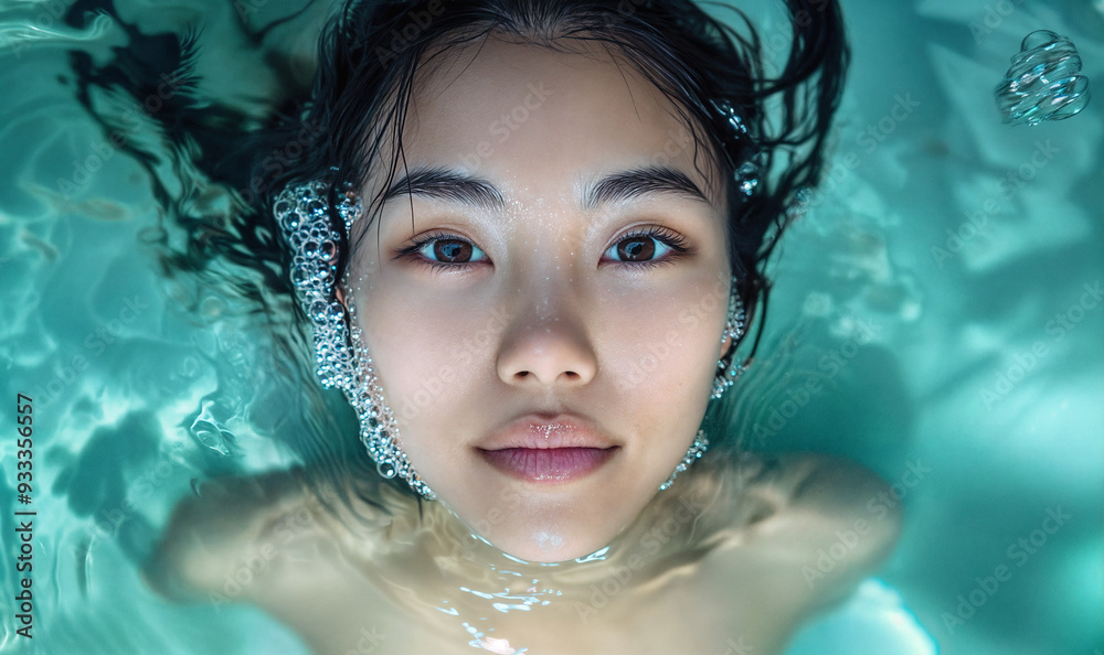 Close-up portrait of an overwhelmed Asian woman's face half-submerged in clear water, Close-up portrait of an overwhelmed Asian woman's face half-submerged in clear water,