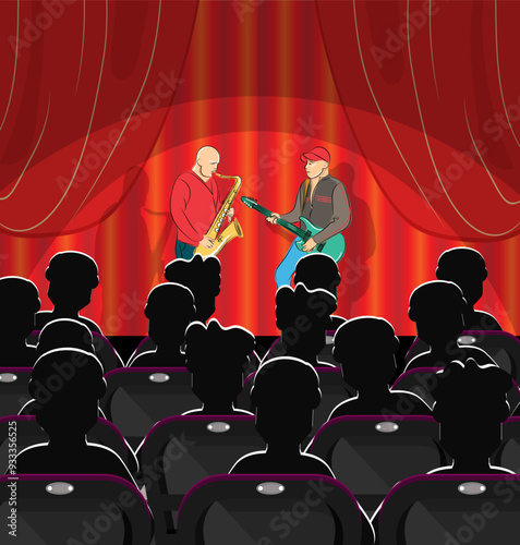 Saxophonist and guitarist play music on stage. In the hall are the spectators who came to the concert. Vector illustration