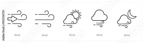 A set of 5 weather icons such as wind, air, windy day