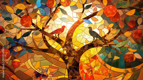 A stained glass tree with two birds perched on it