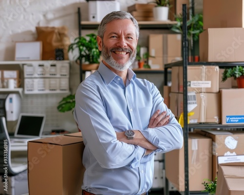 Portrait of senior businessman, moving boxes, home office, e-commerce, transport company style, smiling.