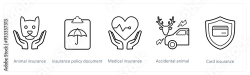 A set of 5 insurance icons such as animal insurance, insurance policy document