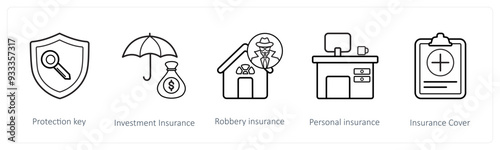 A set of 5 insurance icons such as protection key, investment insurance