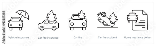 A set of 5 insurance icons such as vehicle insurance, car fire insurance