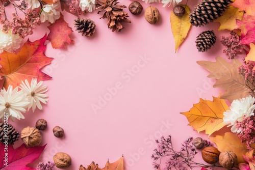 Fall Foliage and Nuts Bordering a Pink Background