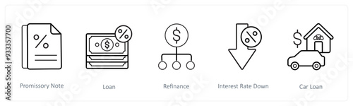 A set of 5 loan icons such as promissory note, loan