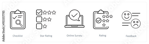 A set of 5 survey and ratings icons such as checklist, star rating