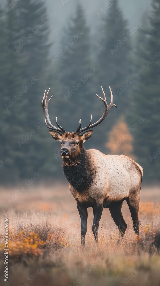 Majestic elk standing in a misty forest during autumn morning light Majestic elk standing in a misty forest during autumn morning light