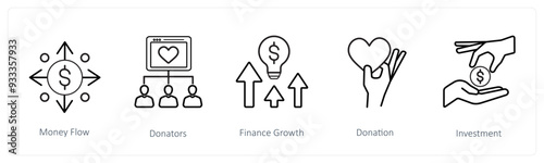 A set of 5 crowdfunding and donation icons such as money flow, donors, donators