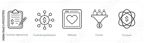 A set of 5 crowdfunding and donation icons such as contract agreement, fundraising network