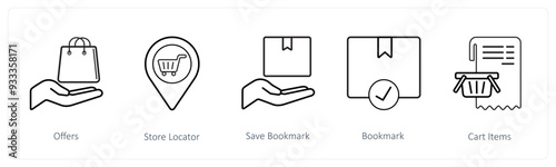 A set of 5 ecommerce and shopping icons such as offers, store locator, save bookmark